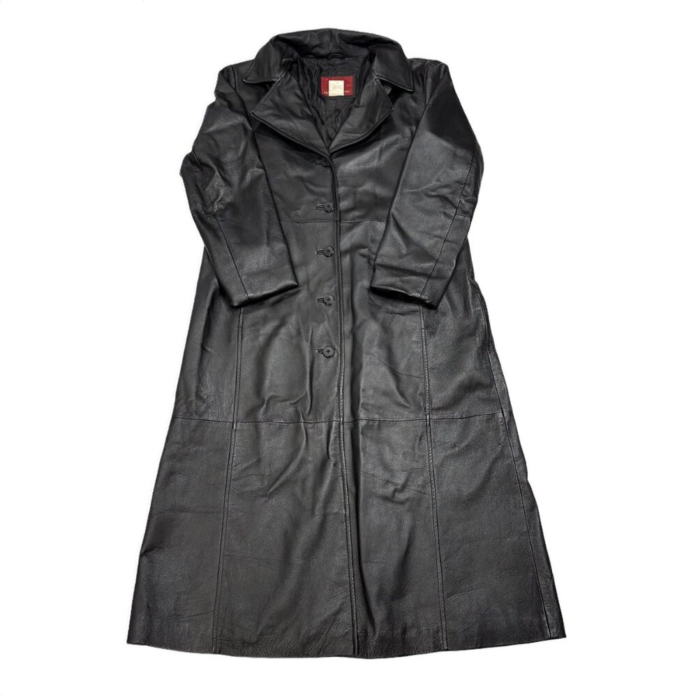 Marc Mattis Black Leather Long Trench Coat (Woman Sz PL) Barley Worn Condition